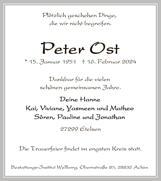Todesanzeige von Peter Ost von SYK