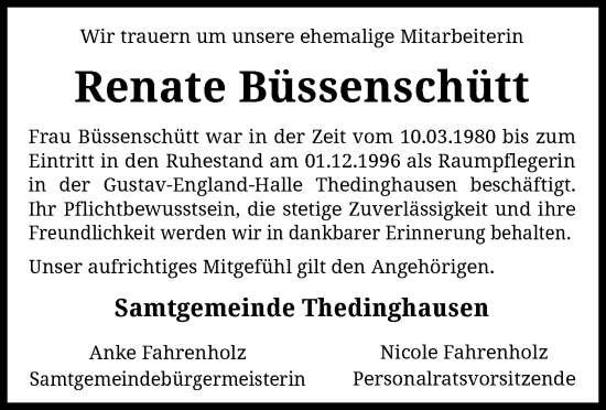 Todesanzeige von Renate Büssenschütt von SYK