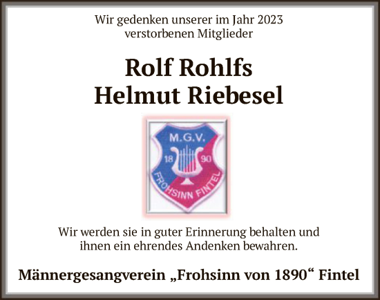 Todesanzeige von Rolf und Helmut Rohlfs und Riebesel von SYK