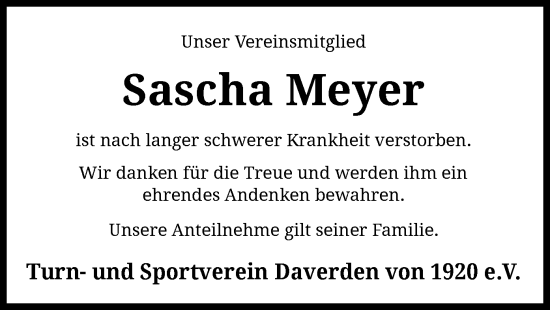 Todesanzeige von Sascha Meyer von SYK