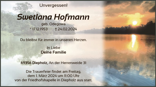 Todesanzeige von Swetlana Hofmann von SYK