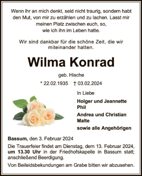 Todesanzeige von Wilma Konrad von SYK