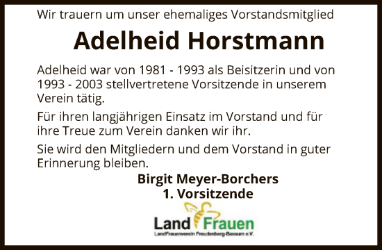 Todesanzeige von Adelheid Horstmann von SYK