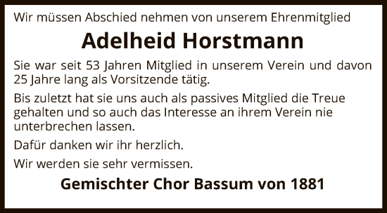 Todesanzeige von Adelheid Horstmann von SYK