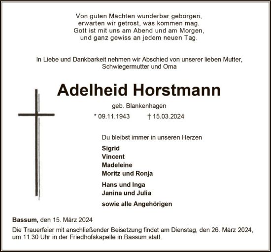 Todesanzeige von Adelheid Horstmann von SYK