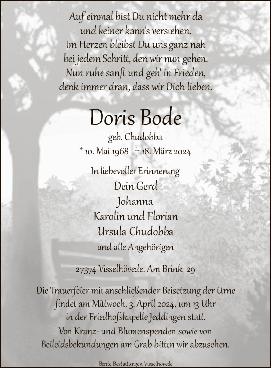 Todesanzeige von Doris Bode von SYK