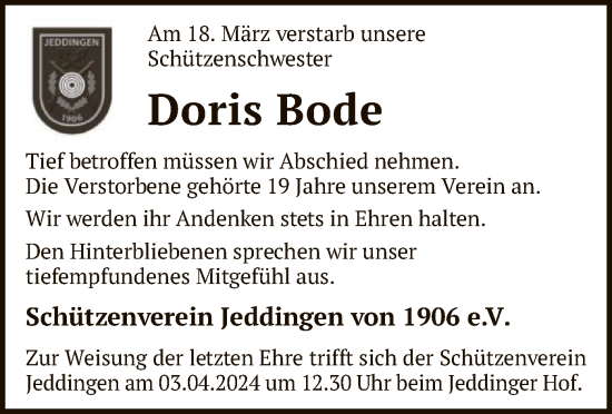 Todesanzeige von Doris Bode von SYK