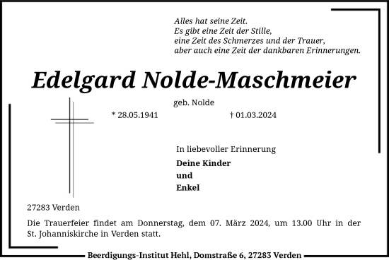 Todesanzeige von Edelgard Nolde-Maschmeier von SYK