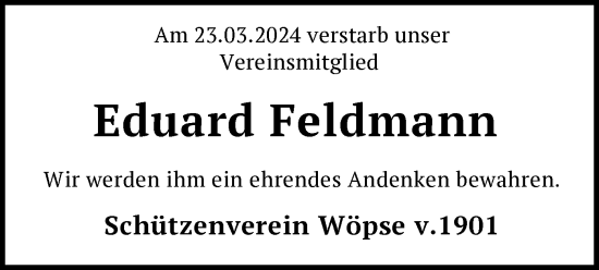 Todesanzeige von Eduard Feldmann von SYK