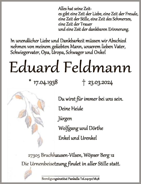 Todesanzeige von Eduard Feldmann von SYK