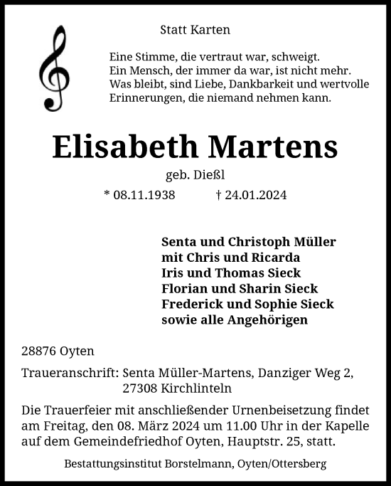 Todesanzeige von Elisabeth Martens von SYK