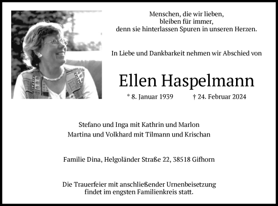 Todesanzeige von Ellen Haspelmann von SYK
