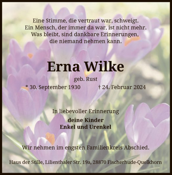 Todesanzeige von Erna Wilke von SYK