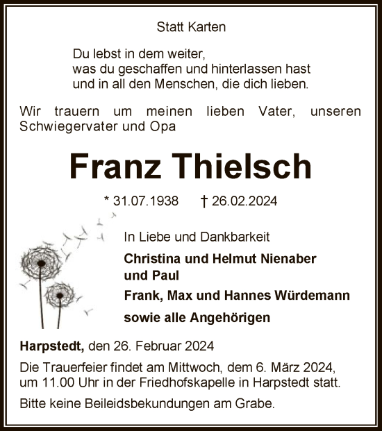 Todesanzeige von Franz Thielsch von SYKSYK