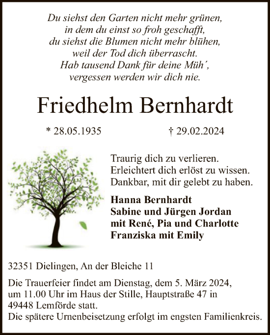 Todesanzeige von Friedhelm Bernhardt von SYK