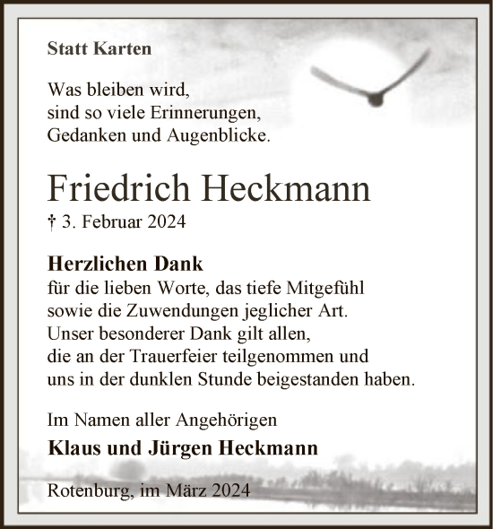 Todesanzeige von Friedrich Heckmann von SYK