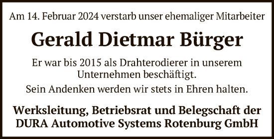 Todesanzeige von Gerald Dietmar Bürger von SYK