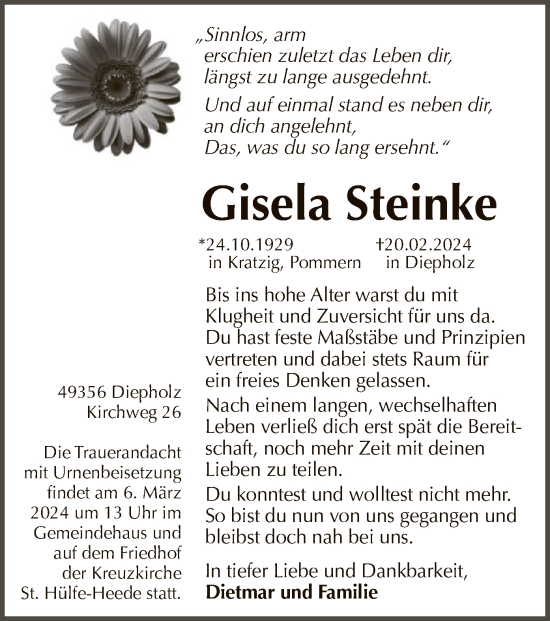 Todesanzeige von Gisela Steinke von SYK