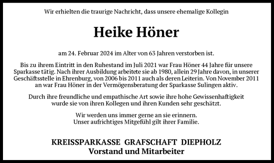 Todesanzeige von Heike Höner von SYK