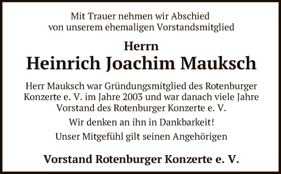 Todesanzeige von Heinrich Joachim Mauksch von SYK