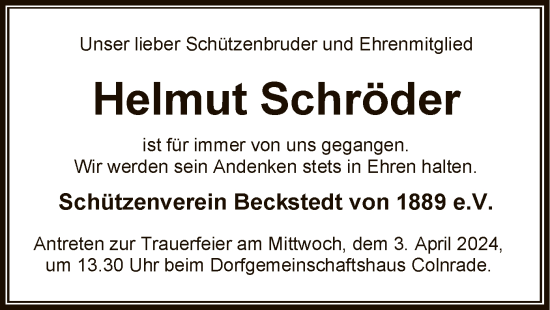 Todesanzeige von Helmut Schröder von SYKSYK