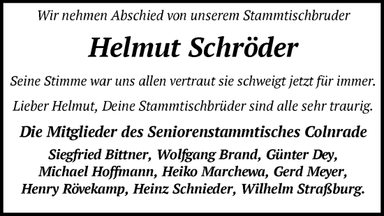 Todesanzeige von Helmut Schröder von SYK