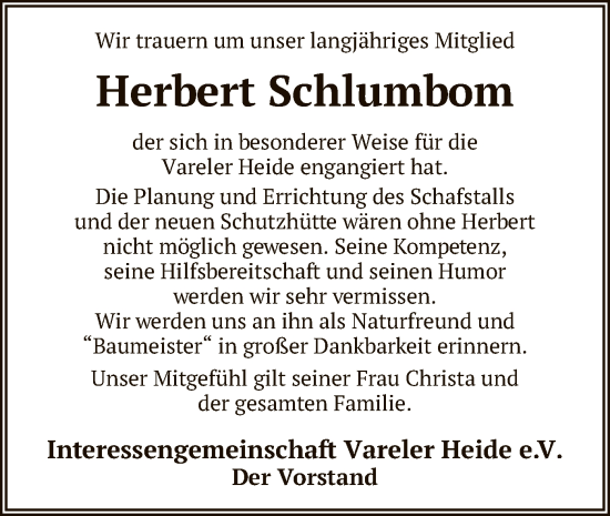 Todesanzeige von Herbert Schlumbom von SYK