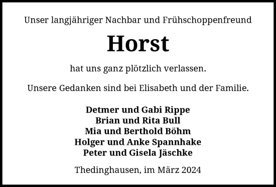 Todesanzeige von Horst  von SYK