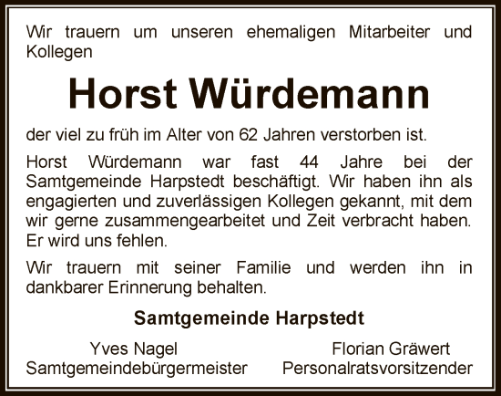 Todesanzeige von Horst Würdemann von SYK