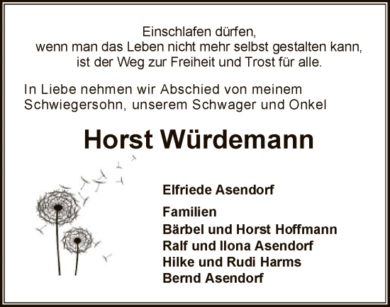 Todesanzeige von Horst Würdemann von SYKSYK