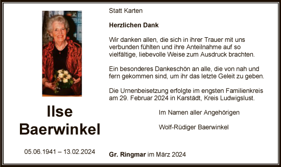 Todesanzeige von Ilse Baerwinkel von SYK