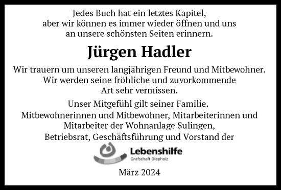 Todesanzeige von Jürgen Hadler von SYK