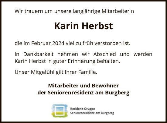 Todesanzeige von Karin Herbst von SYK