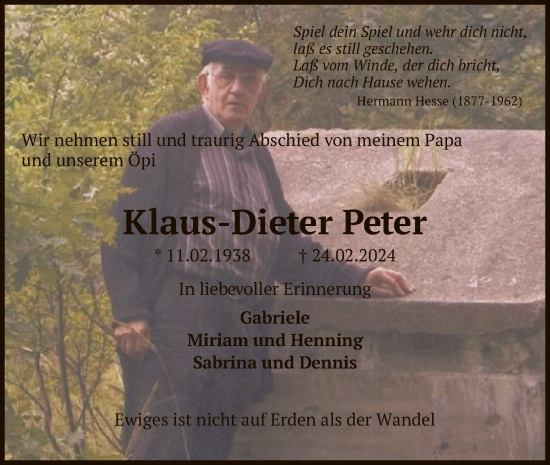 Todesanzeige von Klaus-Dieter Peter von SYK