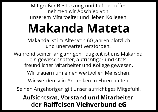 Todesanzeige von Makanda Mateta von SYK