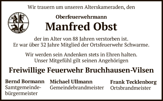 Todesanzeige von Manfred Obst von SYK