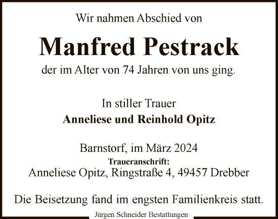 Todesanzeige von Manfred Pestrack von SYK