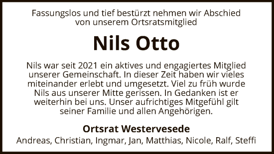 Todesanzeige von Nils Otto von SYK