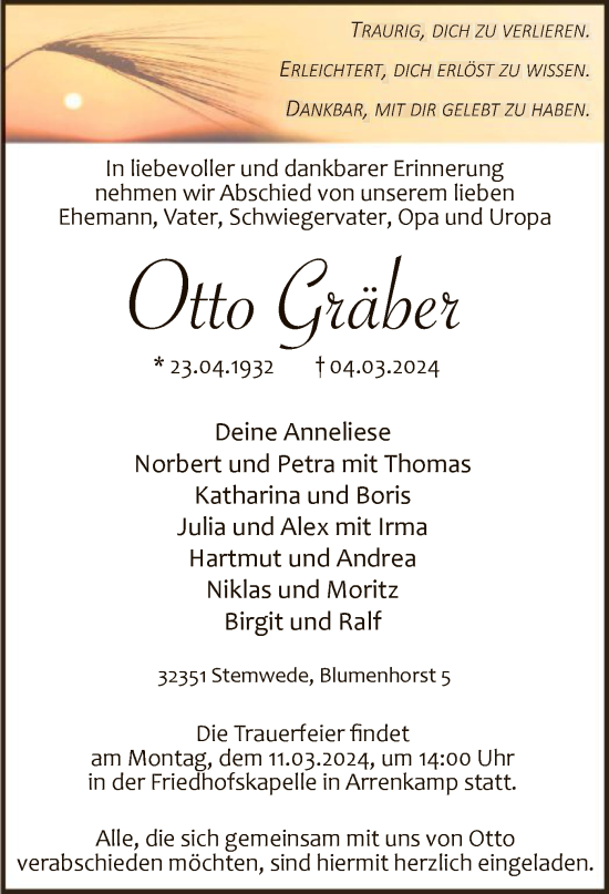Todesanzeige von Otto Gräber von SYK