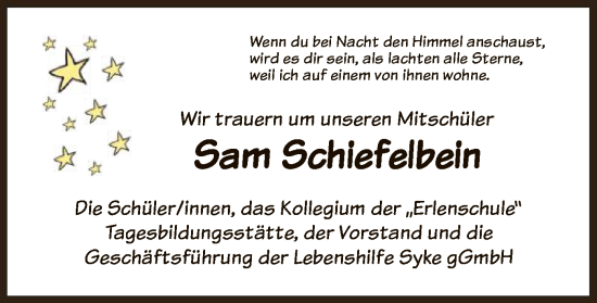 Todesanzeige von Sam Schiefelbein von SYK