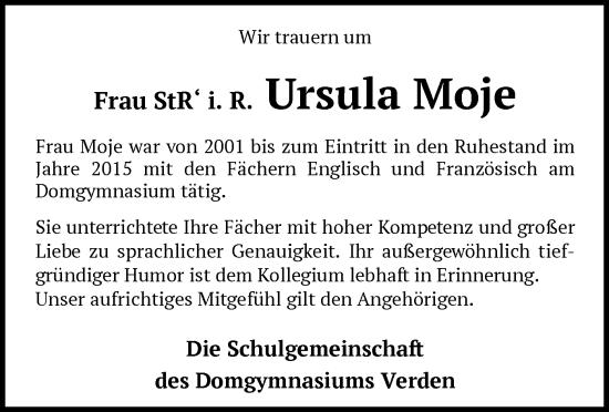 Todesanzeige von Ursula Moje von SYK