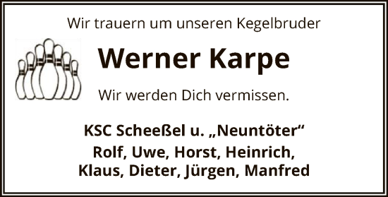 Todesanzeige von Werner Karpe von SYK