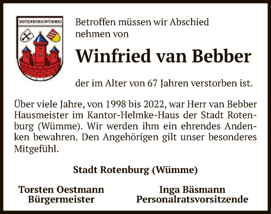 Todesanzeige von Winfried van Bebber von SYK