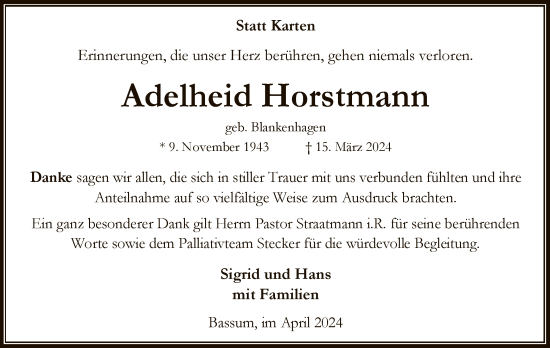 Todesanzeige von Adelheid Horstmann von SYK