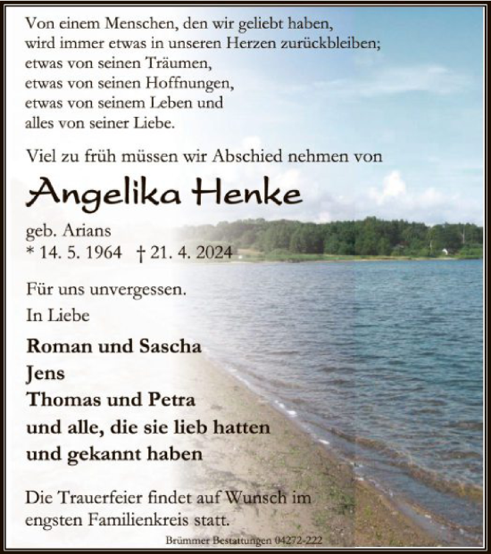 Todesanzeige von Angelika Henke von SYK