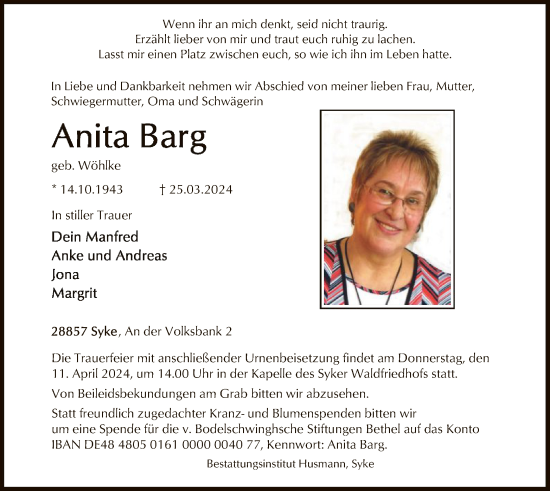 Todesanzeige von Anita Barg von SYK