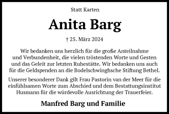 Todesanzeige von Anita Barg von SYK