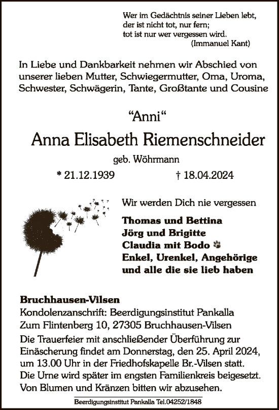 Todesanzeige von Anna Elisabeth Riemenschneider von SYK
