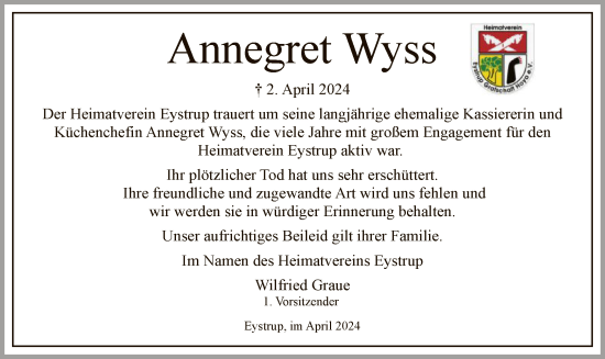 Todesanzeige von Annegret Wyss von SYK