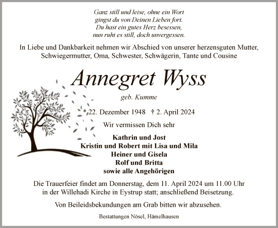 Todesanzeige von Annegret Wyss von SYK
